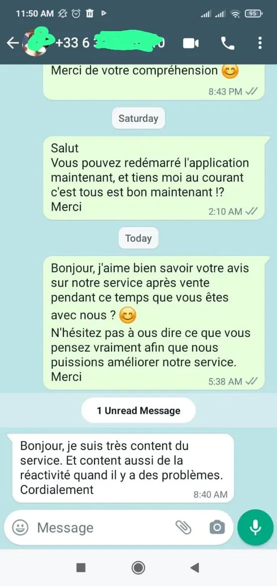 Avis client WhatsApp PIPTV24 - Très content du service et de la réactivité du support