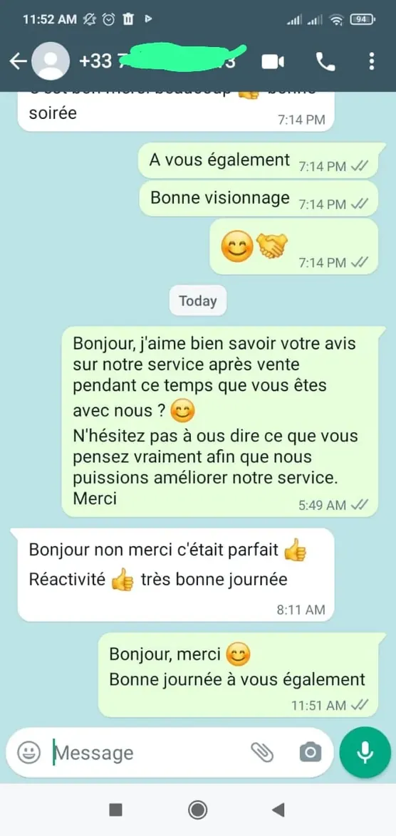 Avis client WhatsApp PIPTV24 - Service parfait et réactivité au top