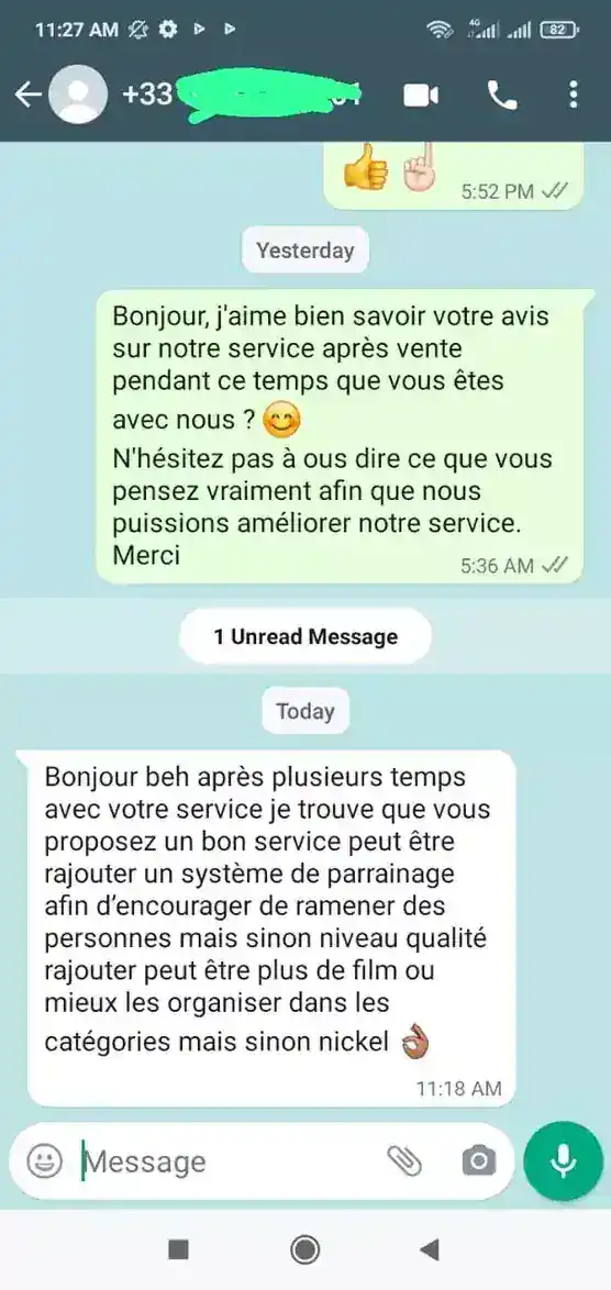 Avis client WhatsApp PIPTV24 - Bon service, qualité nickel